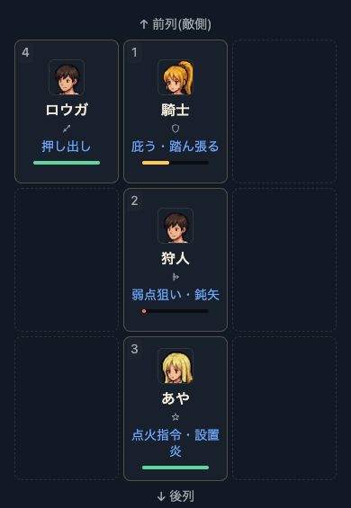 前列に騎士、後ろに狩人を置いた隊の編成画面